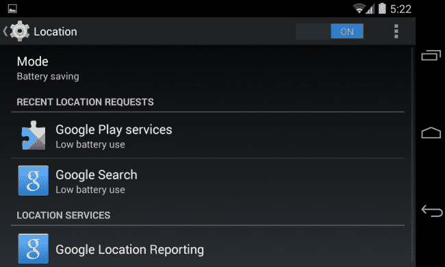 android-choose-location-mode, use less battery google play services location settings