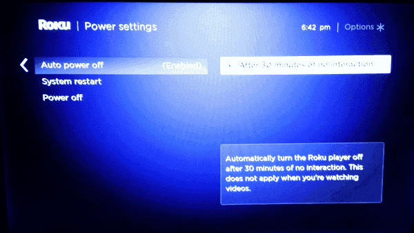 how to turn roku off via settings