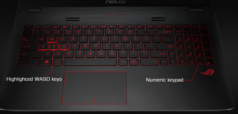 ASUS ROG GL552VW Backlit Keyboard and Highlighted WASD Keys with Dedicated Numeric Pad 