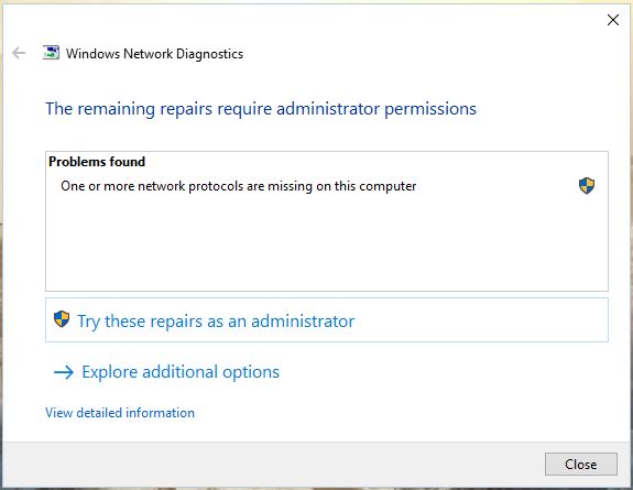 network protocols missing, windows sockets registry entries missing,