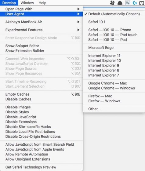 Change User Agent Via Developer Menu On Safari