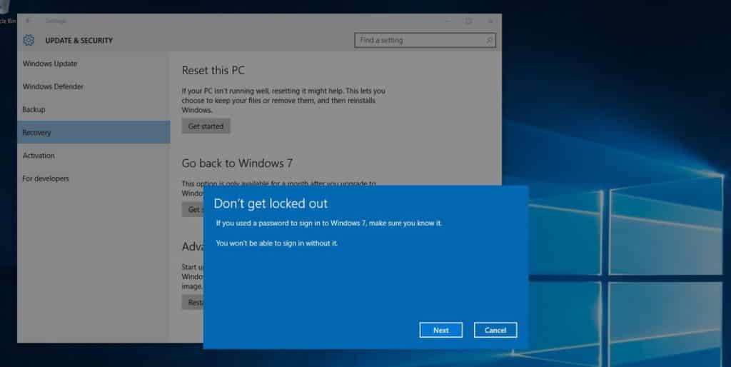 Windows 7 Password Reminder During Downgrade