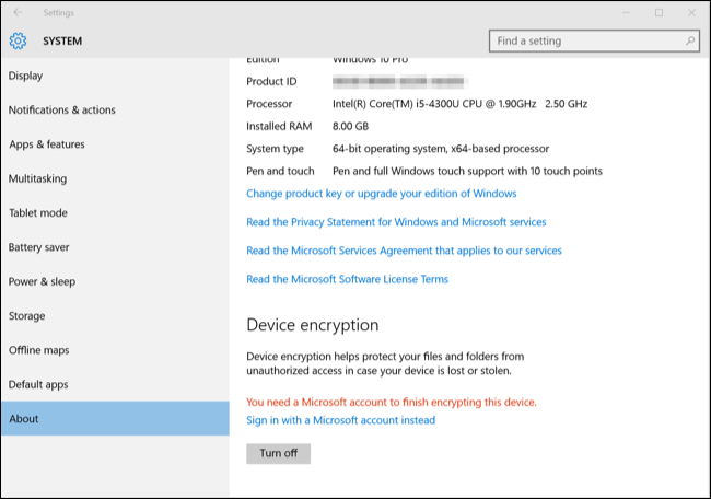 encrypt windows 10 by signing in with your microsoft account