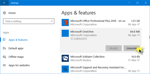 uninstall onedrive, disable onedrive windows 10