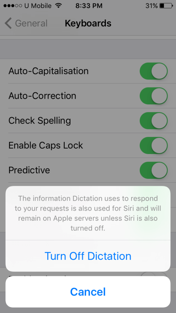 disable dictation message iOS