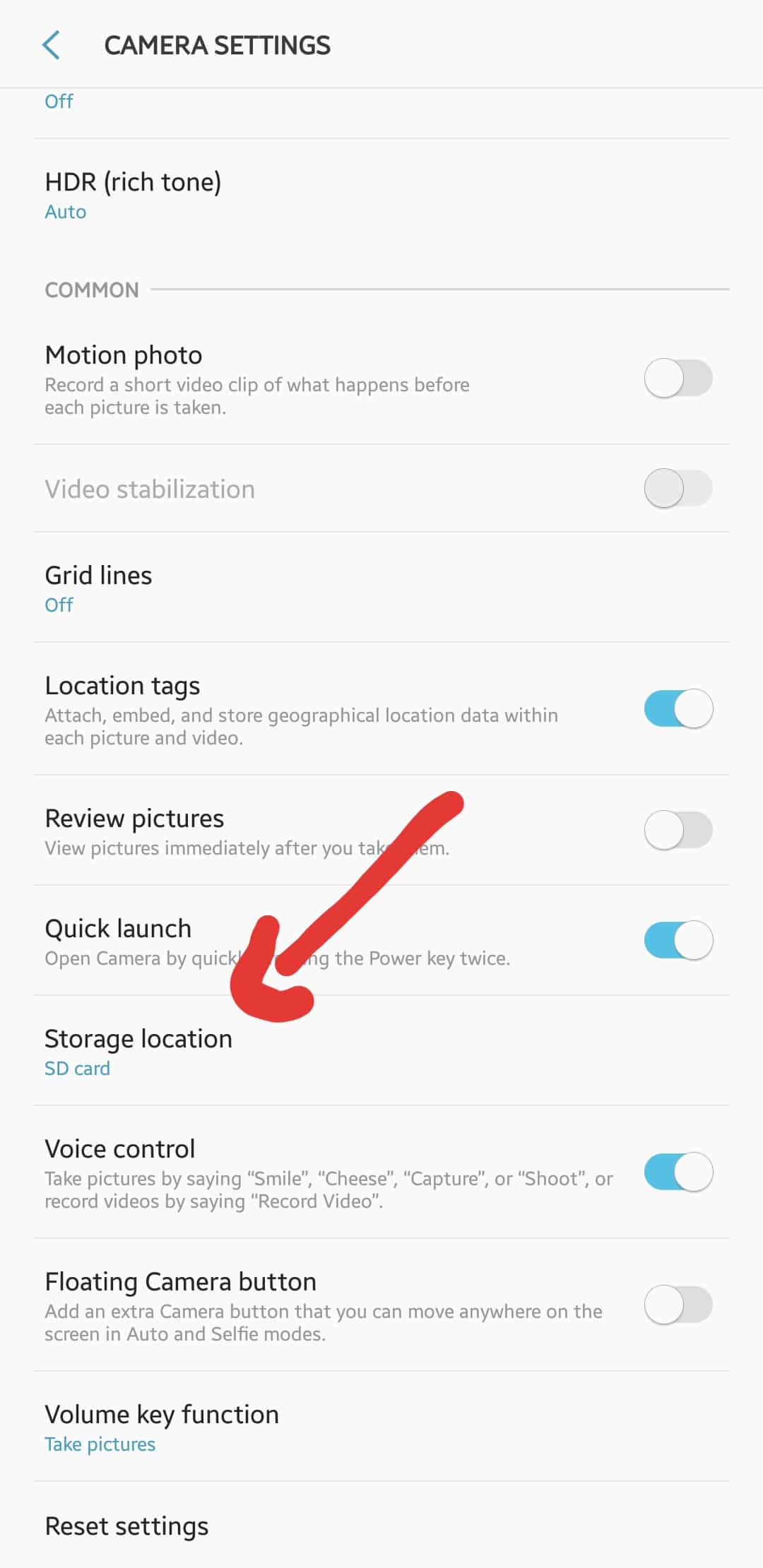 Galaxy S7 default image storage selection