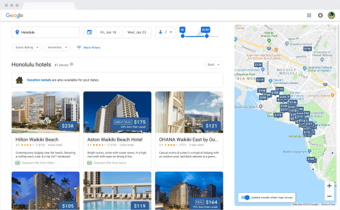 Search results page with queries featuring a city and “hotel” appear in card.

Viewing all the hotels on the list or expanding the map will yield a full screen page where rounded boxes with thin outlines are present throughout from the map to cards for hotels.