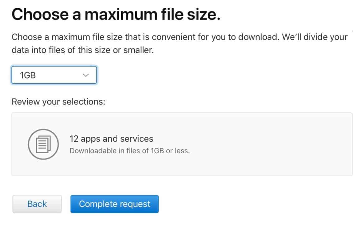 Choose a maximum file size to get your personal data from Apple