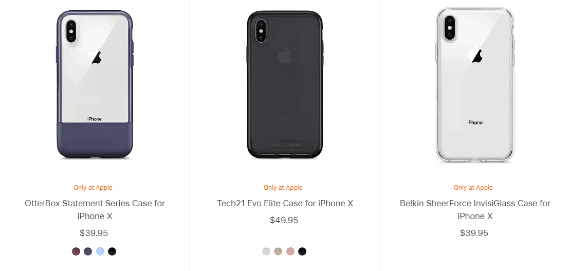 A view of some of Apple's iPhone X Cases. Image attached to an article that details 50+ of the best cases for the iPhone X.