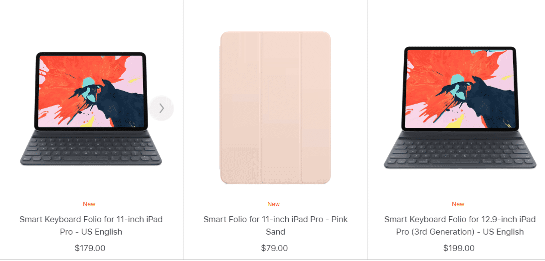 An image of the latest iPad Pro cases by Apple. Some cases work with Keyboards while others are simple case holders that do not have keyboards.