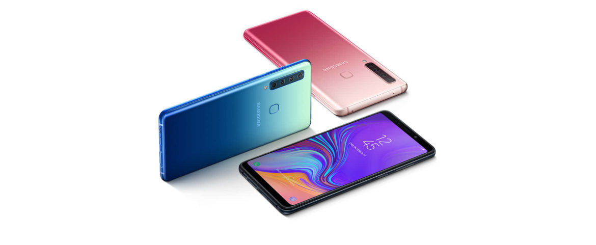 The different colors of the Galaxy A9: Caviar Black, Lemonade Blue and Bubblegum Pink.