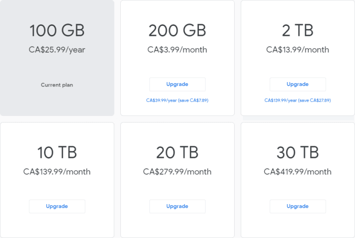 The pricing chart for Google One Canada.