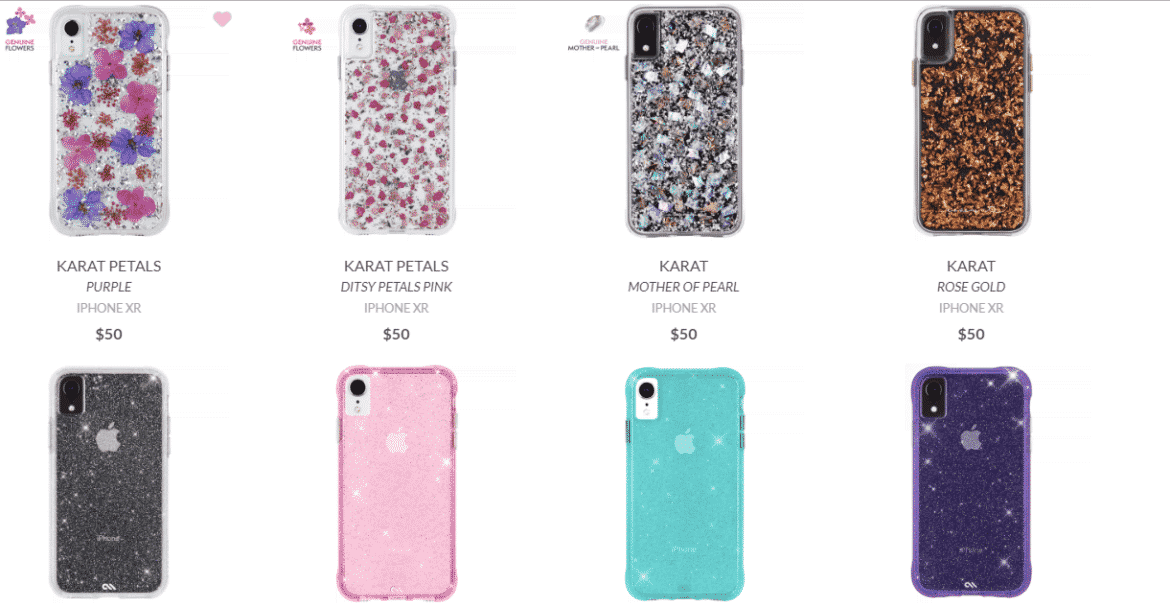 Am image of the decorative cases offered by Case-Mate for iPhone XR smartphones.