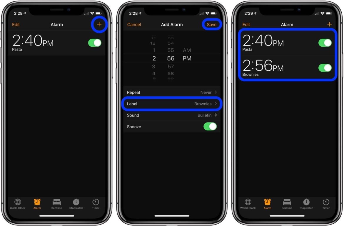 An image showing how to set multiple timers on iPhone by using the Alarm feature as a workaround.