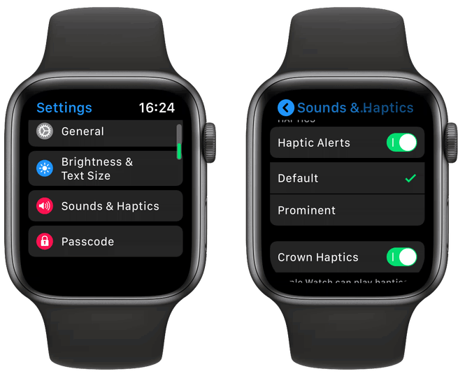 An image of the settings that lead you to enable Prominent Haptics on Apple Watch.
