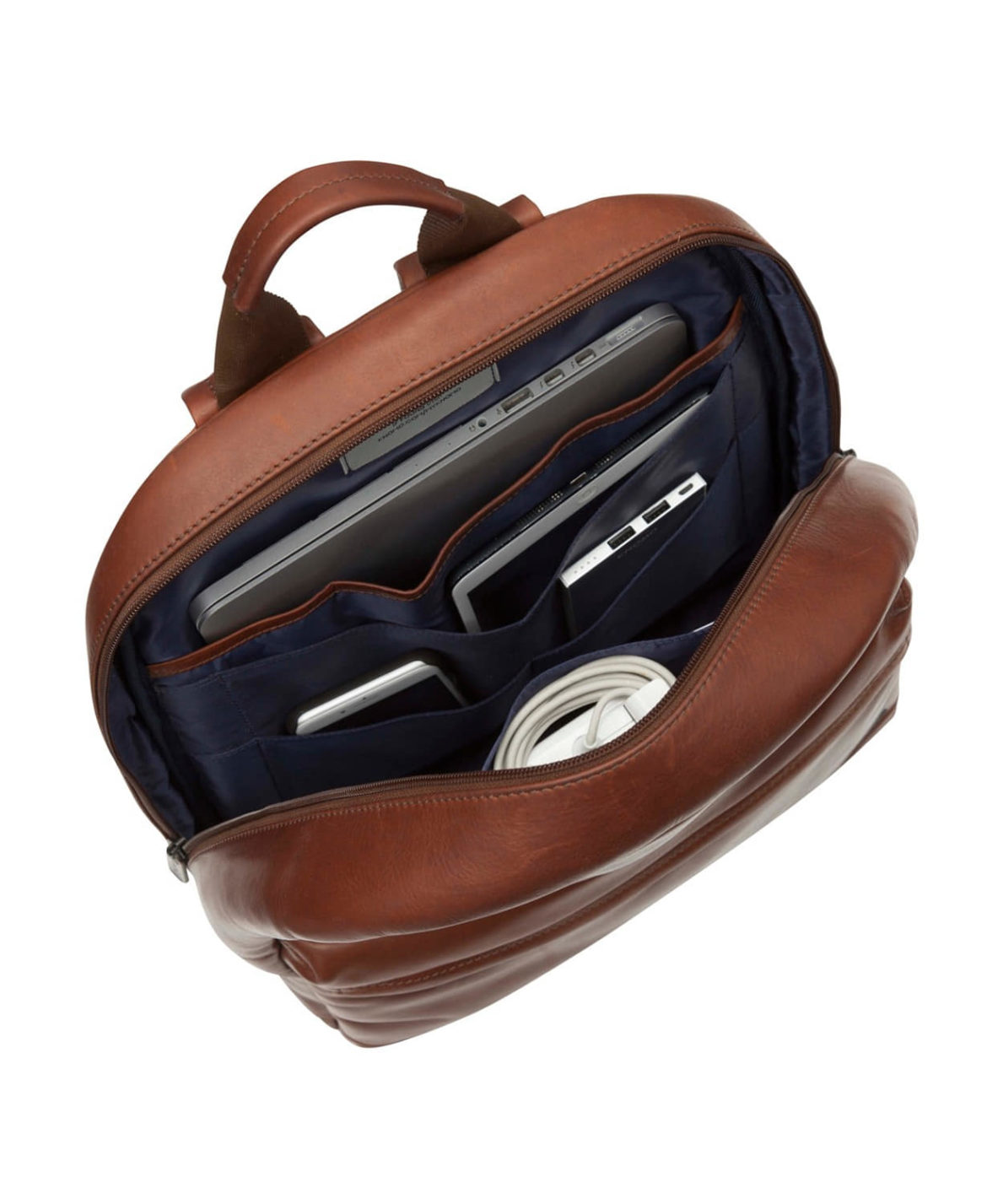 Knomo London Leather Laptop Bag as seen in this image carrying a tablet, charging cable, smartphone, and computer.