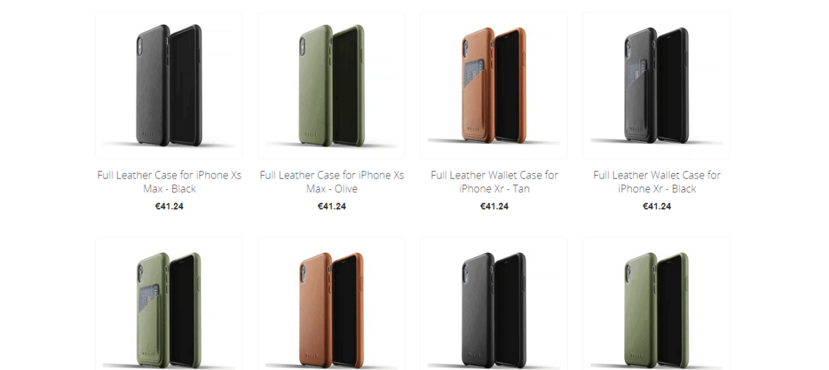 An image displaying some of Mujjo's full leather cases for the iPhone XR.