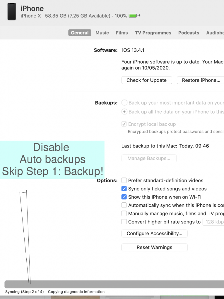 disable step 1 backup on sync apple